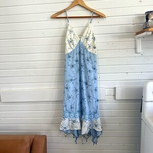 Floral Blue & White Midi Kerchief Hem Sundress Dress